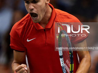 Carlos Alcaraz of Spain celebrates a point against Tomas Machac of Czechia during the 2024 Davis Cup Group B Stage match between Czechia and...