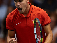 Carlos Alcaraz of Spain celebrates a point against Tomas Machac of Czechia during the 2024 Davis Cup Group B Stage match between Czechia and...