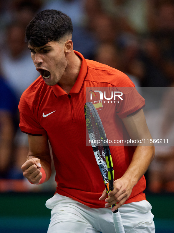 Carlos Alcaraz of Spain celebrates a point against Tomas Machac of Czechia during the 2024 Davis Cup Group B Stage match between Czechia and...