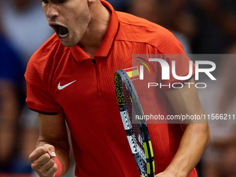 Carlos Alcaraz of Spain celebrates a point against Tomas Machac of Czechia during the 2024 Davis Cup Group B Stage match between Czechia and...