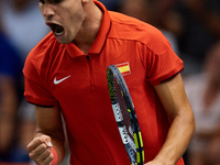 Carlos Alcaraz of Spain celebrates a point against Tomas Machac of Czechia during the 2024 Davis Cup Group B Stage match between Czechia and...