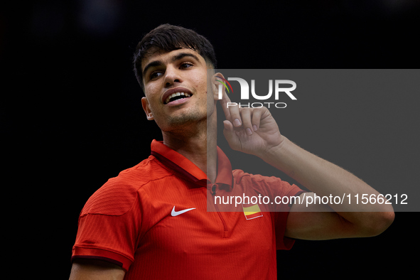 Carlos Alcaraz of Spain reacts against Tomas Machac of Czechia during the 2024 Davis Cup Group B Stage match between Czechia and Spain at Pa...