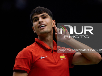 Carlos Alcaraz of Spain reacts against Tomas Machac of Czechia during the 2024 Davis Cup Group B Stage match between Czechia and Spain at Pa...