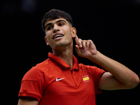 Carlos Alcaraz of Spain reacts against Tomas Machac of Czechia during the 2024 Davis Cup Group B Stage match between Czechia and Spain at Pa...