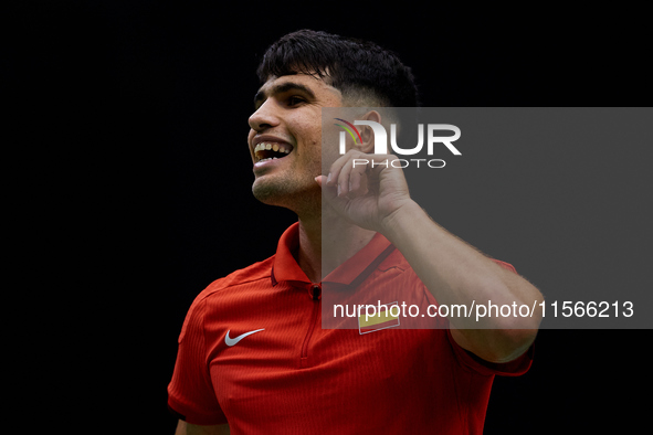 Carlos Alcaraz of Spain reacts against Tomas Machac of Czechia during the 2024 Davis Cup Group B Stage match between Czechia and Spain at Pa...