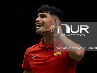 Carlos Alcaraz of Spain reacts against Tomas Machac of Czechia during the 2024 Davis Cup Group B Stage match between Czechia and Spain at Pa...