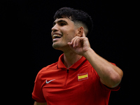 Carlos Alcaraz of Spain reacts against Tomas Machac of Czechia during the 2024 Davis Cup Group B Stage match between Czechia and Spain at Pa...