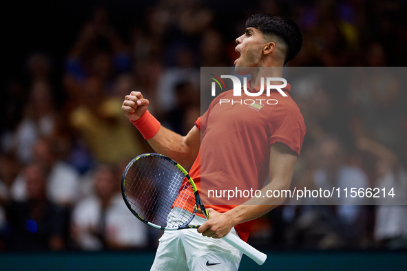 Carlos Alcaraz of Spain celebrates a point against Tomas Machac of Czechia during the 2024 Davis Cup Group B Stage match between Czechia and...