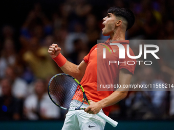 Carlos Alcaraz of Spain celebrates a point against Tomas Machac of Czechia during the 2024 Davis Cup Group B Stage match between Czechia and...