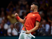 Carlos Alcaraz of Spain celebrates a point against Tomas Machac of Czechia during the 2024 Davis Cup Group B Stage match between Czechia and...