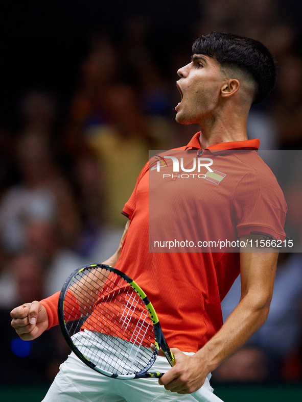 Carlos Alcaraz of Spain celebrates a point against Tomas Machac of Czechia during the 2024 Davis Cup Group B Stage match between Czechia and...