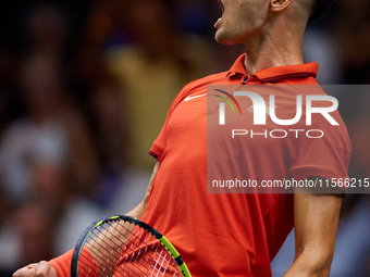 Carlos Alcaraz of Spain celebrates a point against Tomas Machac of Czechia during the 2024 Davis Cup Group B Stage match between Czechia and...