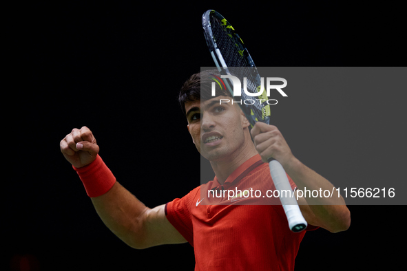 Carlos Alcaraz of Spain celebrates a point against Tomas Machac of Czechia during the 2024 Davis Cup Group B Stage match between Czechia and...