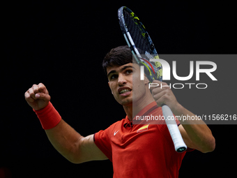 Carlos Alcaraz of Spain celebrates a point against Tomas Machac of Czechia during the 2024 Davis Cup Group B Stage match between Czechia and...