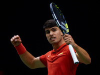 Carlos Alcaraz of Spain celebrates a point against Tomas Machac of Czechia during the 2024 Davis Cup Group B Stage match between Czechia and...