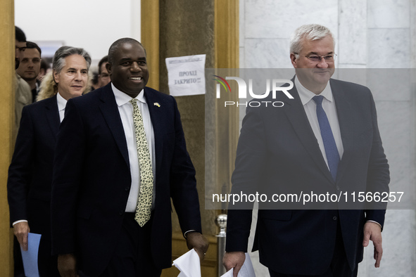 U.S. Secretary of State Antony Blinken, Britain's Foreign Secretary David Lammy, and Ukraine's Foreign Minister Andrii Sybiha attend a joint...