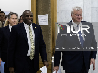 U.S. Secretary of State Antony Blinken, Britain's Foreign Secretary David Lammy, and Ukraine's Foreign Minister Andrii Sybiha attend a joint...