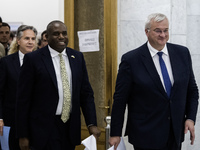 U.S. Secretary of State Antony Blinken, Britain's Foreign Secretary David Lammy, and Ukraine's Foreign Minister Andrii Sybiha attend a joint...