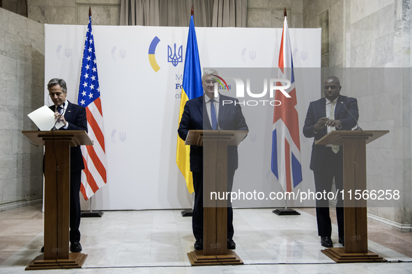 U.S. Secretary of State Antony Blinken, Britain's Foreign Secretary David Lammy, and Ukraine's Foreign Minister Andrii Sybiha attend a joint...