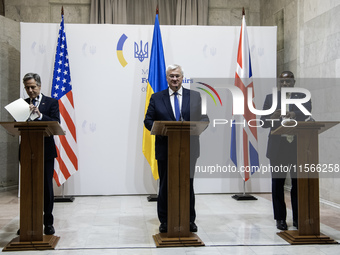 U.S. Secretary of State Antony Blinken, Britain's Foreign Secretary David Lammy, and Ukraine's Foreign Minister Andrii Sybiha attend a joint...