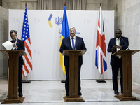 U.S. Secretary of State Antony Blinken, Britain's Foreign Secretary David Lammy, and Ukraine's Foreign Minister Andrii Sybiha attend a joint...