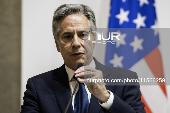 U.S. Secretary of State Antony Blinken speaks during a joint press conference with Britain's Foreign Secretary David Lammy (not pictured) an...