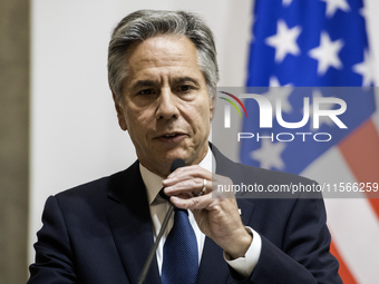 U.S. Secretary of State Antony Blinken speaks during a joint press conference with Britain's Foreign Secretary David Lammy (not pictured) an...