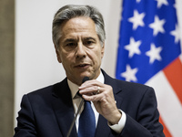 U.S. Secretary of State Antony Blinken speaks during a joint press conference with Britain's Foreign Secretary David Lammy (not pictured) an...