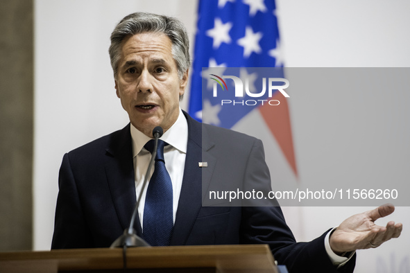 U.S. Secretary of State Antony Blinken speaks during a joint press conference with Britain's Foreign Secretary David Lammy (not pictured) an...