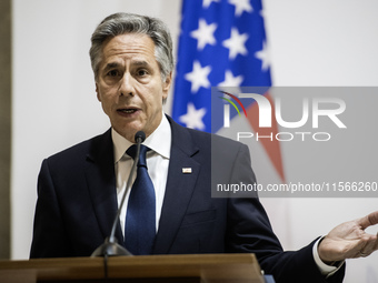 U.S. Secretary of State Antony Blinken speaks during a joint press conference with Britain's Foreign Secretary David Lammy (not pictured) an...