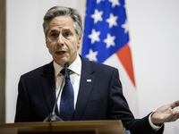 U.S. Secretary of State Antony Blinken speaks during a joint press conference with Britain's Foreign Secretary David Lammy (not pictured) an...