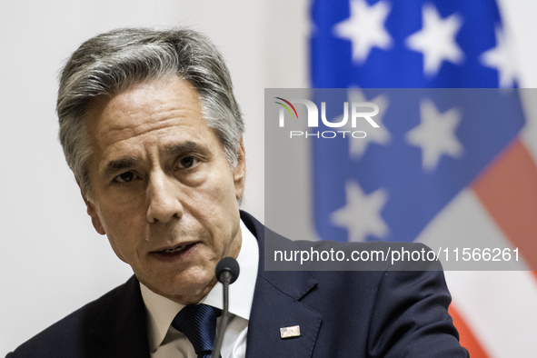 U.S. Secretary of State Antony Blinken speaks during a joint press conference with Britain's Foreign Secretary David Lammy (not pictured) an...