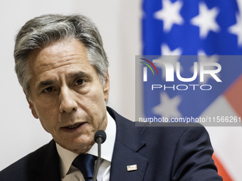 U.S. Secretary of State Antony Blinken speaks during a joint press conference with Britain's Foreign Secretary David Lammy (not pictured) an...