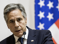 U.S. Secretary of State Antony Blinken speaks during a joint press conference with Britain's Foreign Secretary David Lammy (not pictured) an...