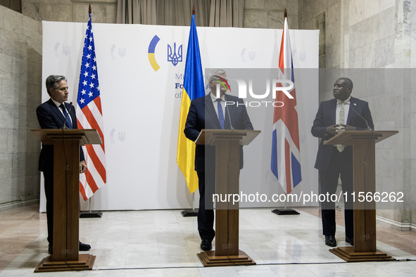 U.S. Secretary of State Antony Blinken, Britain's Foreign Secretary David Lammy, and Ukraine's Foreign Minister Andrii Sybiha attend a joint...