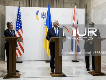 U.S. Secretary of State Antony Blinken, Britain's Foreign Secretary David Lammy, and Ukraine's Foreign Minister Andrii Sybiha attend a joint...