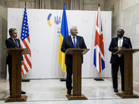 U.S. Secretary of State Antony Blinken, Britain's Foreign Secretary David Lammy, and Ukraine's Foreign Minister Andrii Sybiha attend a joint...