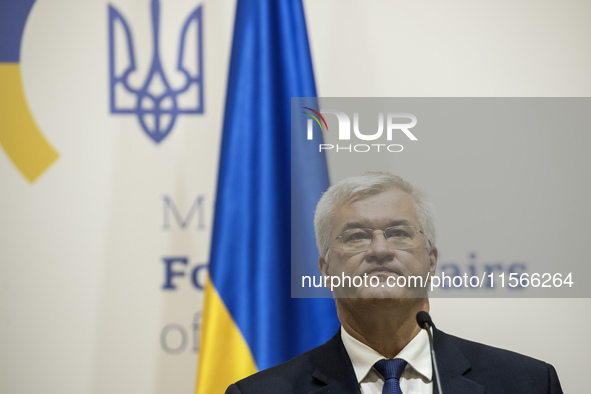 Ukraine's Foreign Minister Andrii Sybiha speaks during a joint press conference with U.S. Secretary of State Antony Blinken (not pictured) a...