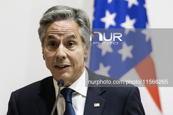 U.S. Secretary of State Antony Blinken speaks during a joint press conference with Britain's Foreign Secretary David Lammy (not pictured) an...