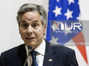 U.S. Secretary of State Antony Blinken speaks during a joint press conference with Britain's Foreign Secretary David Lammy (not pictured) an...