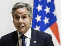 U.S. Secretary of State Antony Blinken speaks during a joint press conference with Britain's Foreign Secretary David Lammy (not pictured) an...