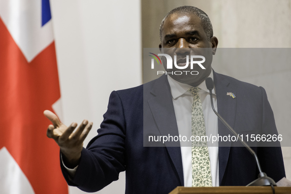 Britain's Foreign Secretary David Lammy speaks during a joint press conference with Ukraine's Foreign Minister Andrii Sybiha and U.S. Secret...