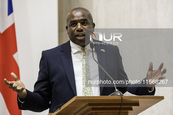 Britain's Foreign Secretary David Lammy speaks during a joint press conference with Ukraine's Foreign Minister Andrii Sybiha and U.S. Secret...