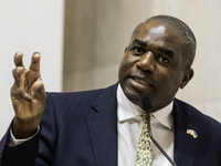 Britain's Foreign Secretary David Lammy speaks during a joint press conference with Ukraine's Foreign Minister Andrii Sybiha and U.S. Secret...