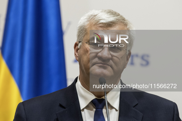 Ukraine's Foreign Minister Andrii Sybiha speaks during a joint press conference with U.S. Secretary of State Antony Blinken (not pictured) a...