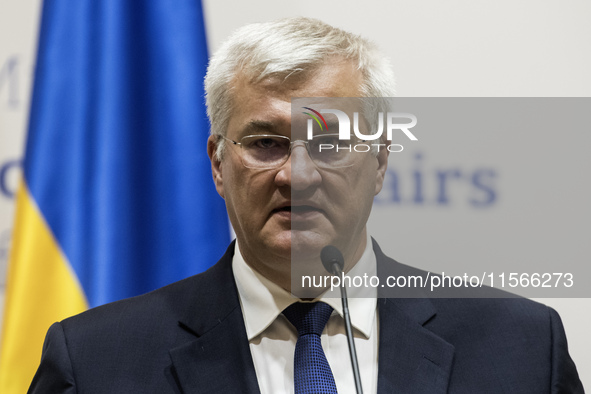 Ukraine's Foreign Minister Andrii Sybiha speaks during a joint press conference with U.S. Secretary of State Antony Blinken (not pictured) a...