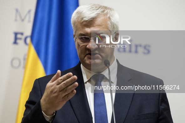 Ukraine's Foreign Minister Andrii Sybiha speaks during a joint press conference with U.S. Secretary of State Antony Blinken (not pictured) a...