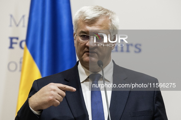 Ukraine's Foreign Minister Andrii Sybiha speaks during a joint press conference with U.S. Secretary of State Antony Blinken (not pictured) a...