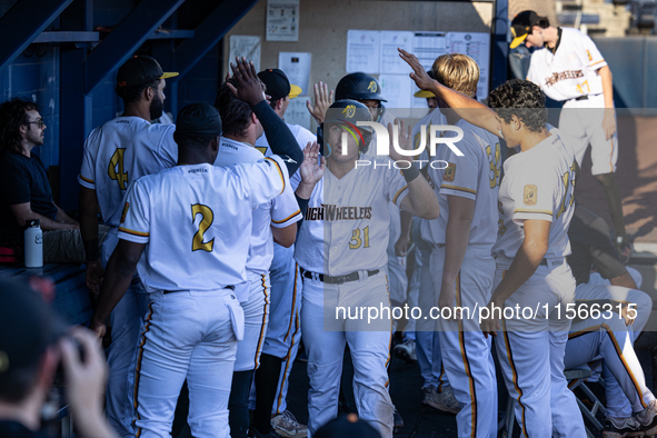 The Yolo High Wheelers (14) beat the Oakland Ballers (4) in game 1 (round 1) of the Pioneer Baseball League's playoffs in Davis, Calif., on...