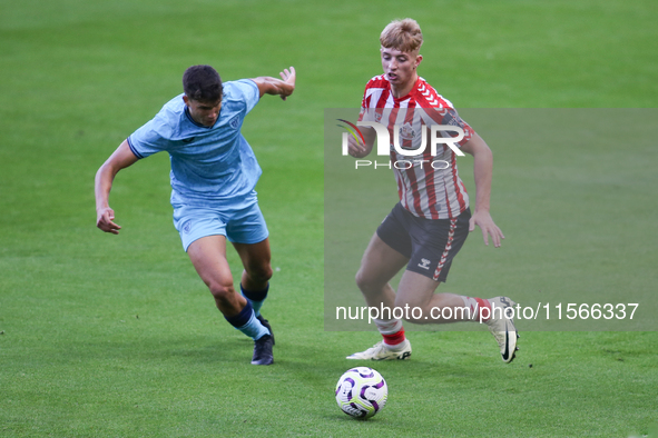 Sunderland's Tom Watson takes on Athletic Club Bilbao's David Osipov during the Premier League International Cup Group B match between Sunde...